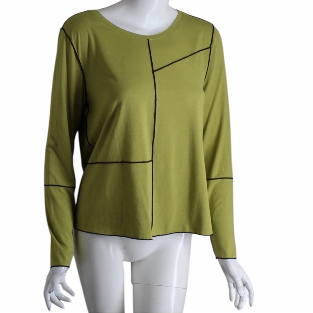 Olive Green Long-Sleeve Geometric Stitch Top